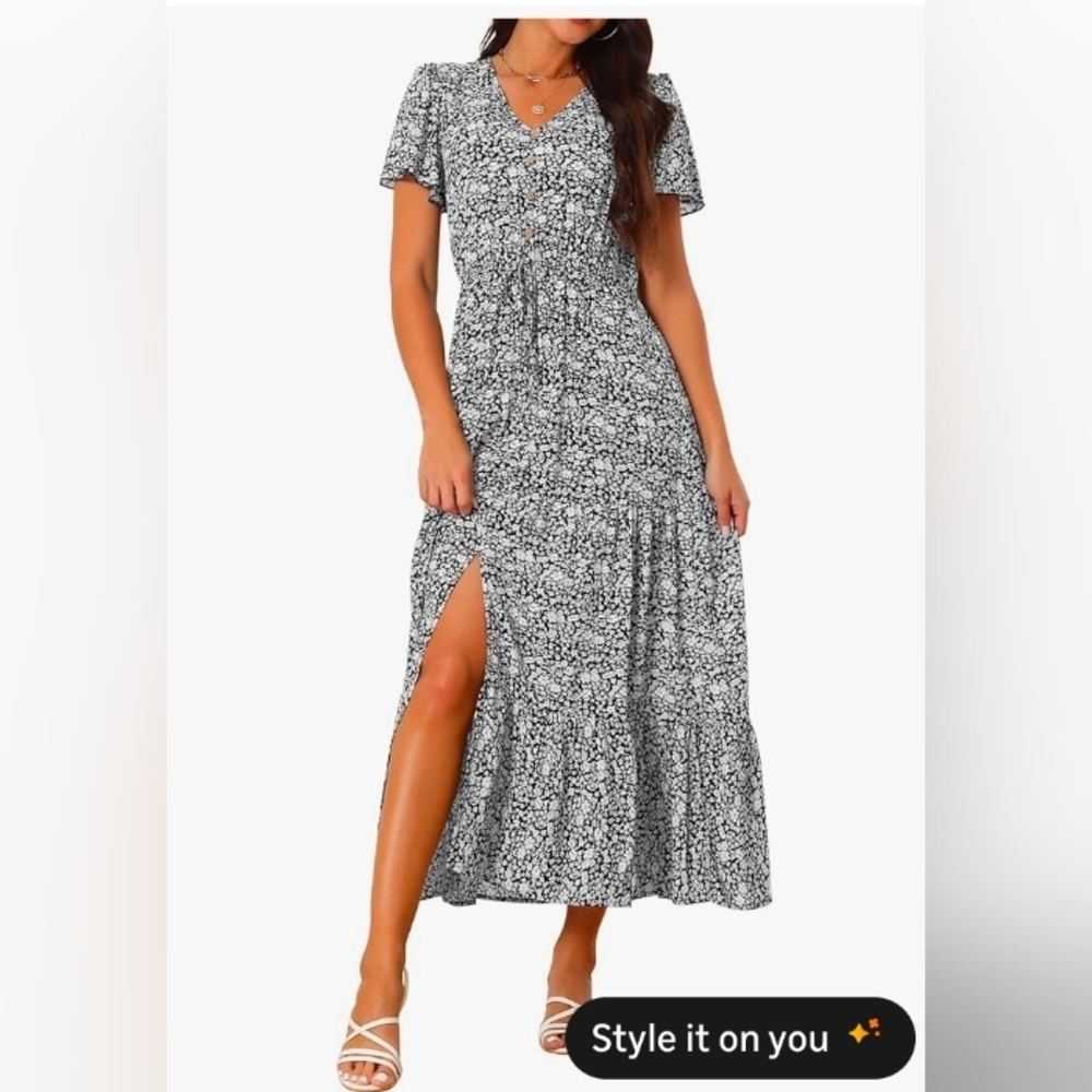 Seta T Women's Summer Maxi Dresses V Neck Split Hem Short Sleeve Casual Sundress